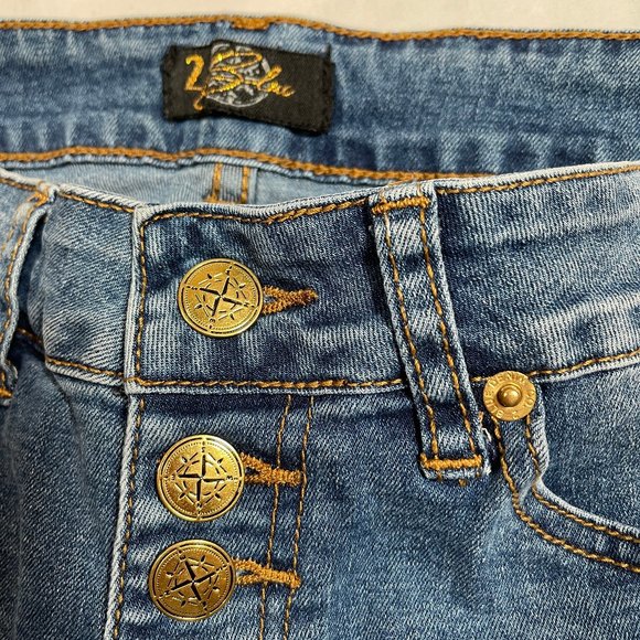2 blue Distressed Button Denim Shorts - Picture 2 of 6